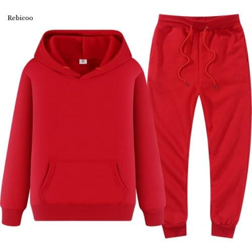 Winter Hoodies Suits Men Fashion Fleece Red Hoodie Black Pants Casual Jogger Suit Tracksuit Sweatshirt Woman Pullover