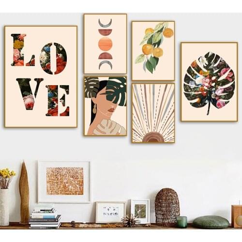 Abstract Girl Flower Leaf Sun Love Quotes Nordic Posters And Prints Wall Art Canvas Painting Wall Pictures For Living Room Decor