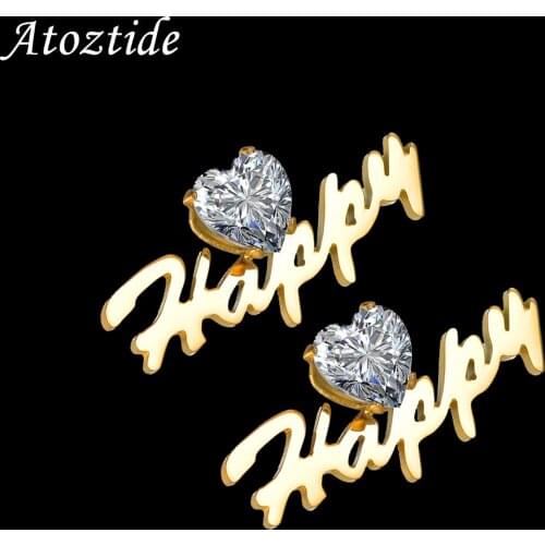 Atoztide Earrings Personalized Custom Name Stainless Steel Letter Heart White Zircon For Women Fashion Stud Earring Jewelry Gift