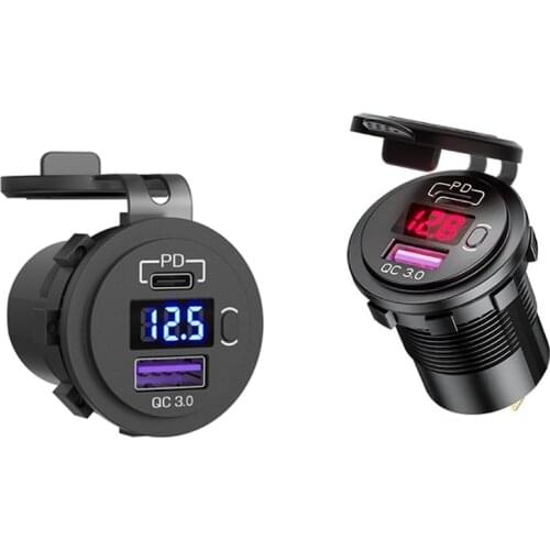 PD Type C 48W Dual USB Car Charger Socket, QC 3.0 Car Fast Charger with Voltmeter and Switch for Boat Truck RV