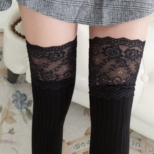 Fashion Cotton Lace Over Knee Thigh High Stockings Women Ladies Long Boots Trim Pantyhose Solid Stocking medias de mujer