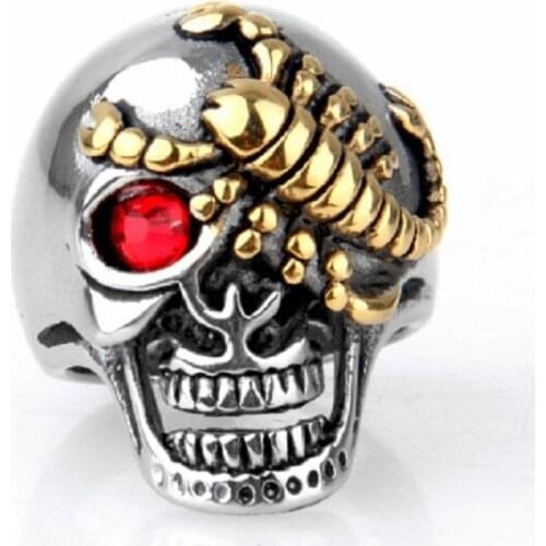 New Mens Red CZ eyes Gold Scorpion Silver color Skull Stainless Steel Biker Ring Size 7-15