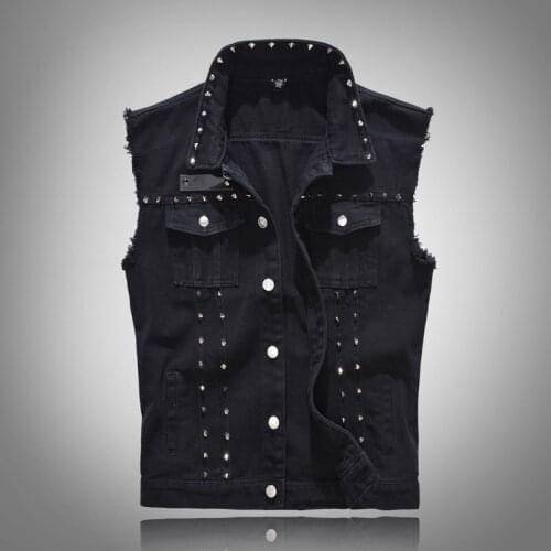 New 2021 Denim Vest Men Punk Rock Rivet Cowboy Black Jeans Waistcoat Fashion Men Motorcycle Style Sleeveless Jeans Jacket M-5XL