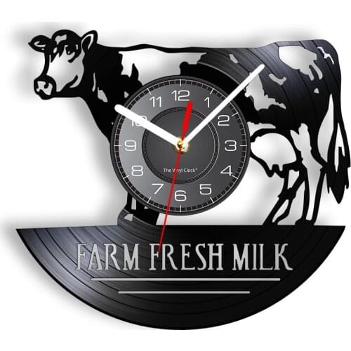 Farm Fresh Milk Re-purposed Record Wall Clock Cow Dairy Products Display Vinyl LP Wall Watch Non-Ticking Wall Hanging Art-Decor
