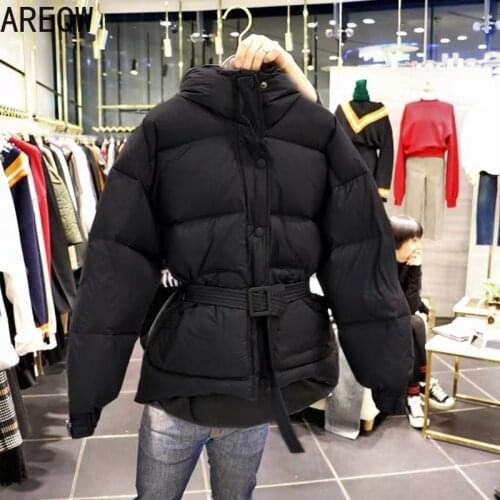 2021 New Women Autumn Winter Jacket With Belt Cotton Parkas Hooded Slim Short Jacket White Red Pink Black
