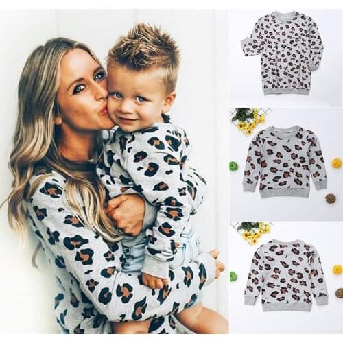 Family Matching Outfits Mother Daughter Kids Girl Boys Long Sleeve Leopard Sweatshirt Tops Shirts Family Clothes Looking Outfits