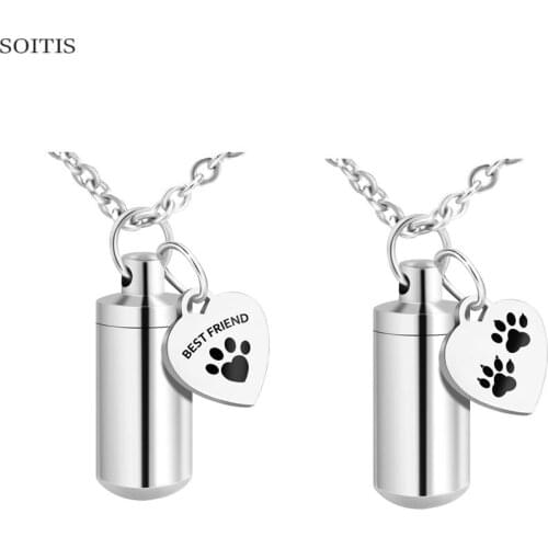 SOITIS Free Carving Stainless Steel Vial Pendant Urn Necklace Print Dog Paw Memorial Keepsake Gift for Miss Lovely Pet Dogs