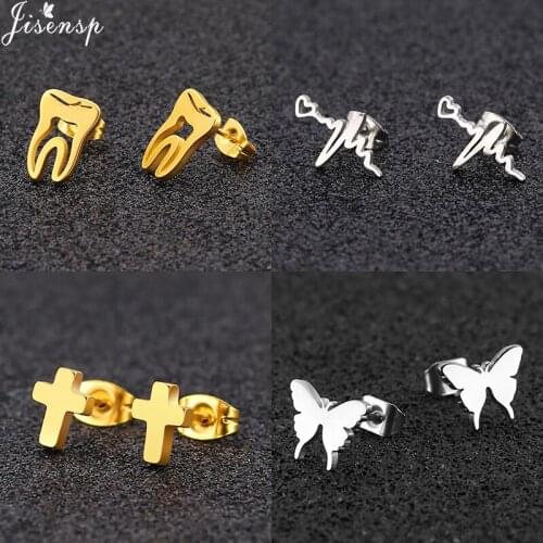 Jisensp Unique Design Stainless Steel Earrings Delicate Tooth and Butterfly Stud Earrings Fashion Jewelry for Women Girls