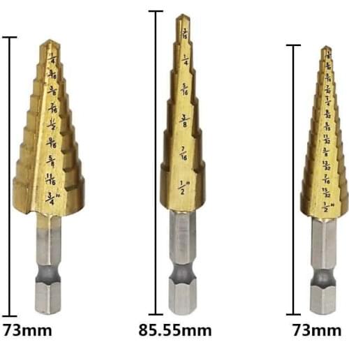HSS steel Titanium coated 3/16-1/2 1/4-3/4 1/8-1/2 Inch Step Drill Bit Inch Type 1/4 Inch Shank Step Drill
