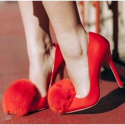 New Fashion Fur Ball High Heel Women Suede Patent Leather Pointed Toe Fur Pom Pom Pumps Slip On Sexy Party Wedding Shoes Lady