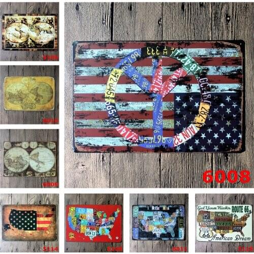 Vintage Metal Tin Sign of National Flag of America World Earth Globe Map Usa License Plate Map Classic Poster Decorative for Bar