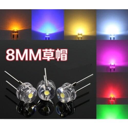 YYT 20PCS In-line 8MM straw hat LED white red blue emerald green light 0.5W light-emitting diode LED F8 lamp beads DIP