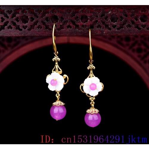 Purple Jade Flower Earrings Gifts Natural Charm 925 Silver Fashion Crystal Amulet Women Gemstone Chalcedony Zircon Jewelry