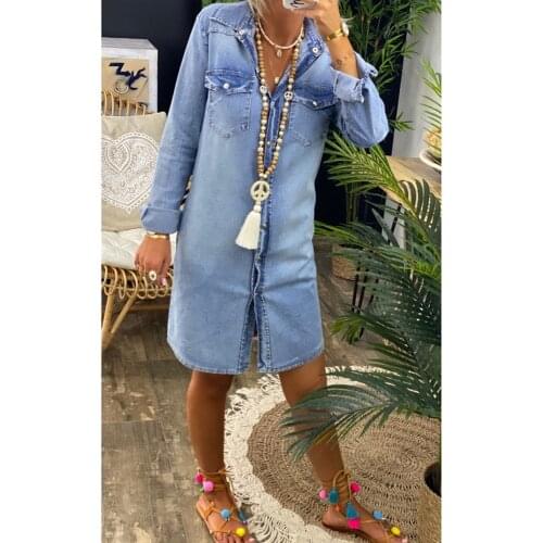 Womens Denim Dress Spring Autumn Long-Sleeve Chest Pocket Casual Shirt Dress Office Lady Turn-down Collar Straight Dress S-3XL