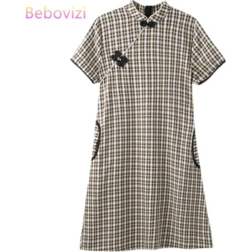 Bebovizi Plus Size M-4XL 3XL Chinese Style Black White Grid Short Sleeve A-line Dress Summer Cheongsam Dresses for Woman Qipao