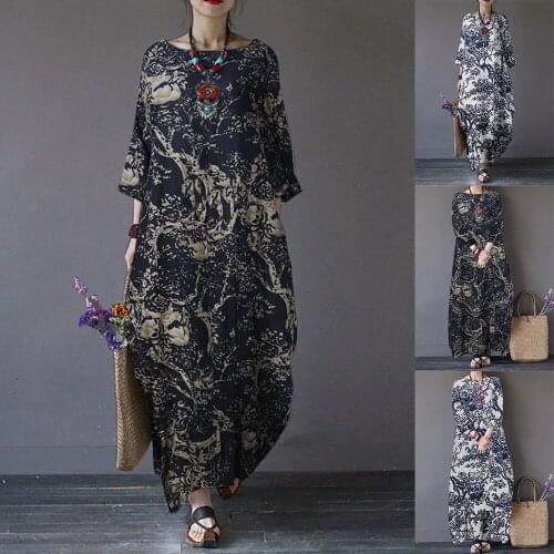 0705 Womens Dresses Ethnic Style Vintage Fashion Trendy View Floral Print Loose Three-Quarter Sleeve Casual Vestidos Female