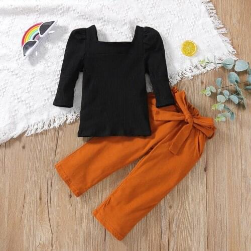 2PCS Set Kids Baby Girl Puff Long Sleeve Knitting Shirt Tops Long Pant Trouser Outfits Spring Autumn Clothes