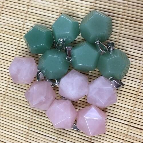5PCS Natural Roses Quartz Green Aventurine Gems Stone Polyhedron Reiki Pendants for Jewelry Necklace Making Wholesale 20*20MM