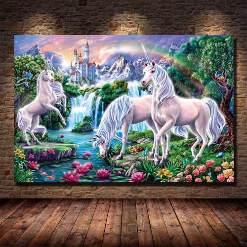 5D Diy Diamond Painting Waterfall Rainbow Castle Unicorns Landscape Cross Stitch Home Decorative Picture Hanging Wall Art Gift