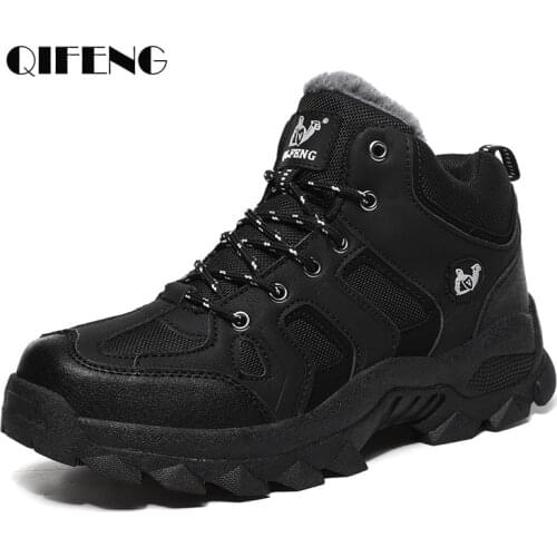 Large Size Winter Ankle Boots Men Snow Warm Fur Leather Hiking Boots Cowboy Sport Trekking Shoes Casual Black Outdoor Boots Work