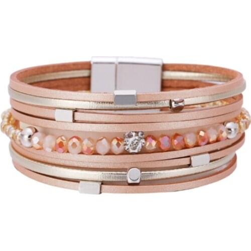 Amorcome Bohemian Womens Wrap Multilayer Colorful Crystal Beads Slim Leather Bracelets with Magnet Clasp Female Girls Jewelry