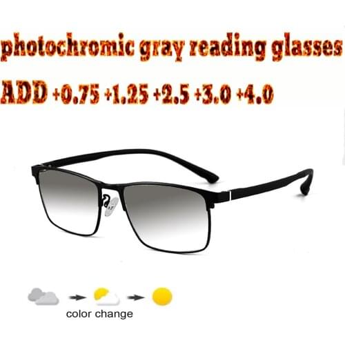 Business Mens Full Frame Photochromic Gray Reading Glasses Comfortable Alloy High Quality +1.0 +1.5 +1.75 +2.0 +2.5 +3 +3.5 +4