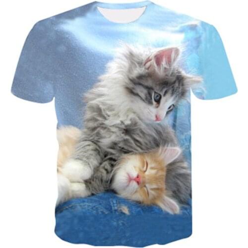 Childrens T-Shirt Cute Cat Funny Clothing 3D Cartoon Anime Print Boy Girl Tee 2021 Summer O-Neck All-match Casual Kids Tops