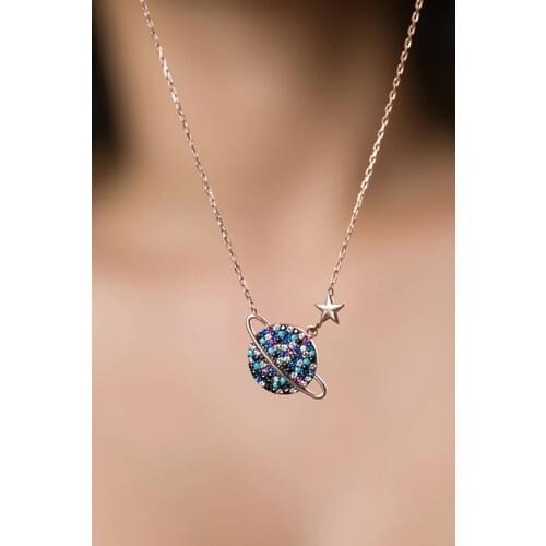 Elika Silver Color Cubic Zirconia Planet Necklace Rose Gold Plated 925 Sterling Silver Women Necklace