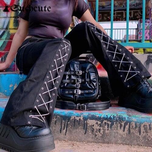 SUCHCUTE Cross Bandage Straight Pants Techwear Gothic Women Hight Waist Black Trousers E Girl Hip Hop Pants Dark Academia 2021