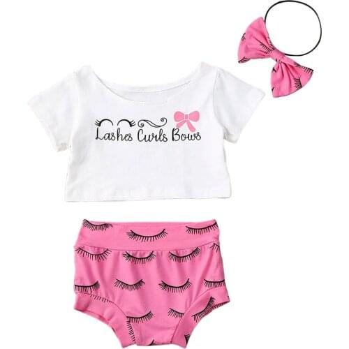 Newborn Toddler Baby Girls Clothes Sets Short Sleeve Print T Shirts Tops+Pink Shorts Headband Children Clothing