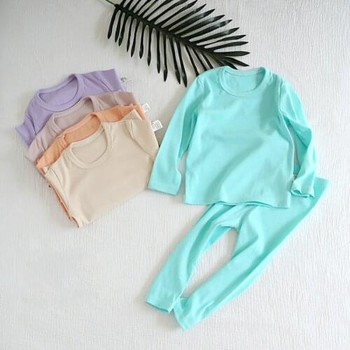 Kisds Pajama Set Cotton Unisex Broadcloth Solid Full Round Neck Korean elasticity comfortable pijama set wholesale clothing