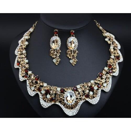 Dubai Wedding Jewelry Sets Rhinestone Crystal Statement Bridal Necklace Earrings Set Fashion Women Party Choker Gift Indian Bibs