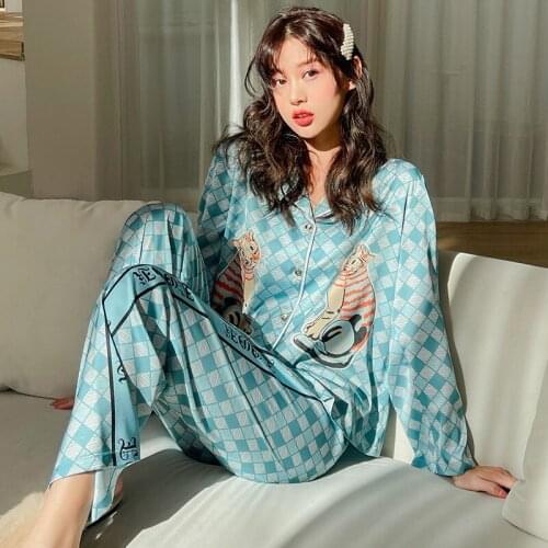 2021 New Trend Pajamas for Women Spring and Autumn Thin Section Long-sleeved Trousers Home Service Checkered Tiger Fashion Suit