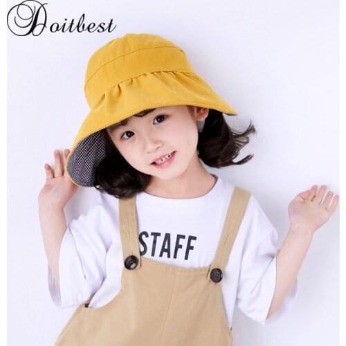 Doitbest Summer boy girls Bucket fishing Hats Sunscreen sun cap folding Double top empty Spring solid kids child fisherman hat