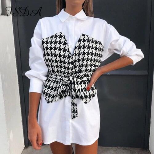 FSDA 2020 Patchwork Shirt Dress Houndstooth Long Sleeve Bandage Sashes Autumn Winter White Casual Mini A Line Dresses Fashion