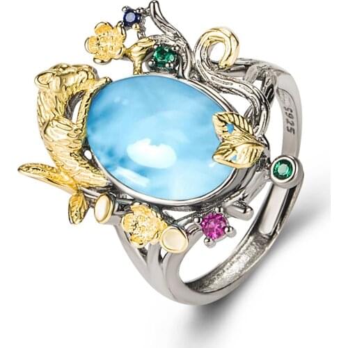 Silver Resizable Rings Two Tone Plated 925 Sterling Silver Natural Larimar Engagement Wedding Rings For Women