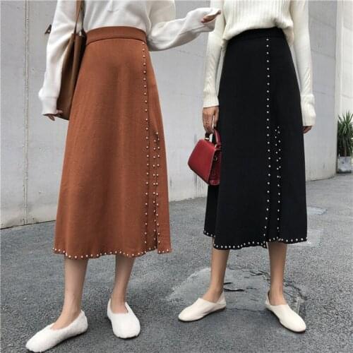 2020 New Womens Solid Color Knitted Thick Skirt Hips Slit Buttons Package Hip Skirt College Style Button Decoration