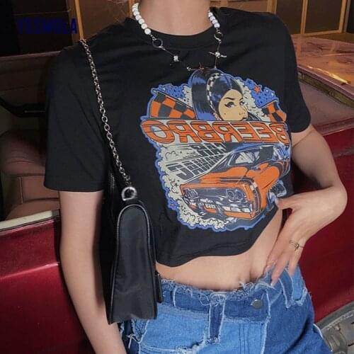 YESMOLA Y2k Women T-shirts High Waist Exposed Navel 2021 Summer Harajuku Automobile Print Streetwear Crop Tops Student Slim Top