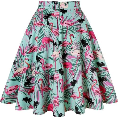 Women summer green flamingo cotton skirts VD0020 ladies school a line knee high waist swing 50s vintage skirt