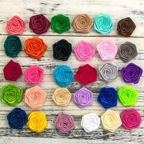 120pcs/lot 2.4" 20colors Hair Clips Satin Ribbon Rolled Rose Flower For Hair Accessories Artificial Fabric Flowers For Headbands