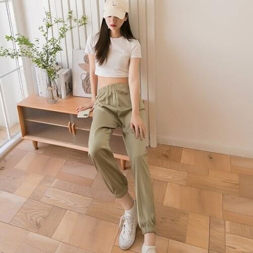 Womens Trousers Cool Loose Super Elastic High Waist Harem Pants Casual Lace Up Wide Leg Silky Pant For Summer