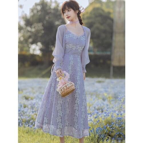 Summer Sweet Dress Suit Gentle Wind Girl V-neck Strap Lace Dress+Purple Sun Protection Coat Two Piece Set Women
