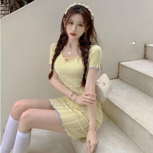 WOMENGAGA Knitted Dress For Women 2021 Summer New Contrast Wavy Edge Short Sleeve Hollow Out Package Hip Dresses 5G8I