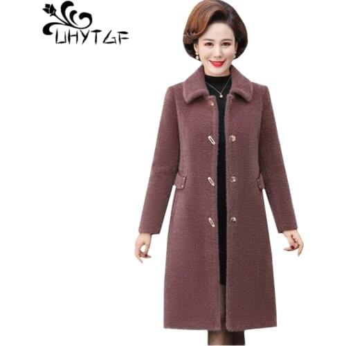 UHYTGF Winter Woolen jacket Womens Fashion single breasted casual Female coat Elegant mother Loose 5XL Plus size Outerwear 1807