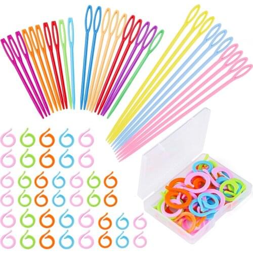 30PCs Mixed Color Plastic Knitting Needles Crochet And Marker Rings Hooks Wool Yarn Needle Children DIY Sweater Weaving Tools