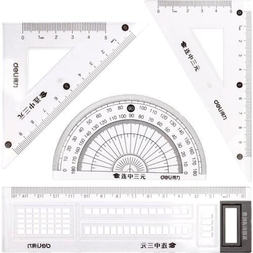 4pcs / set of Deli 71961 test special, multi-functional drawing combination ruler + triangle plate protractor, student supplies