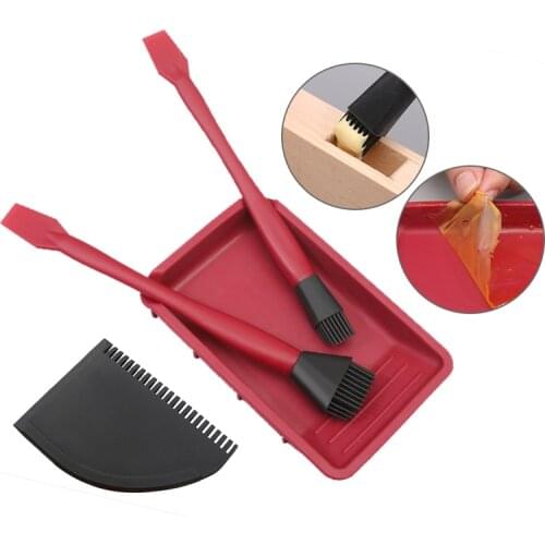 4pcs Washfree Silicone Brush Tool Kit Woodworking Soft Glue Brush Flat Scraper Glue Tray Wood Gluing Brushing Tools