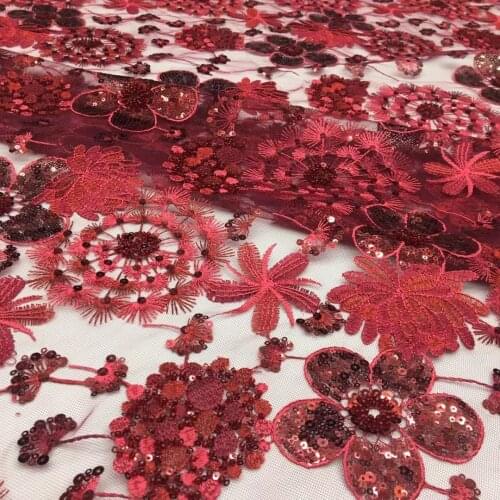 5yards/pc) High quality embroidered French net lace wine red African tulle lace with tube beads and sequins for party FSS357