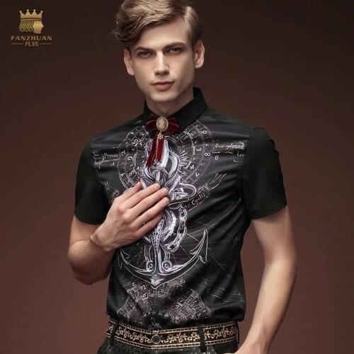 Free Shipping New fashion casual male casual mens Summer Short Sleeved shirt collar black men stamp party shirt 15372 On Sale