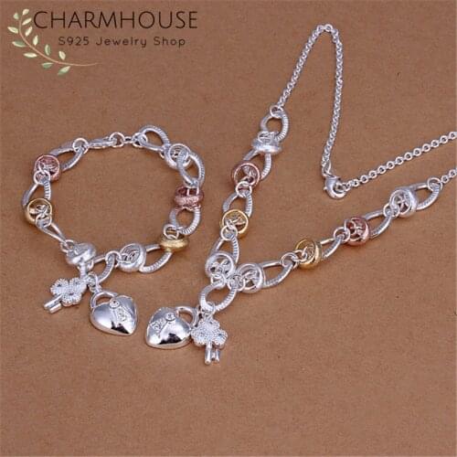 Charmhouse Silver 925 Jewelry Sets For Women Silver/Gold Color Heart Pendant Necklace Bracelet 2pcs Sets Wedding Jewelry Bijoux